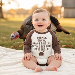 NEW Thanksgiving onesie white & brown long sleeve beige 3-6 months